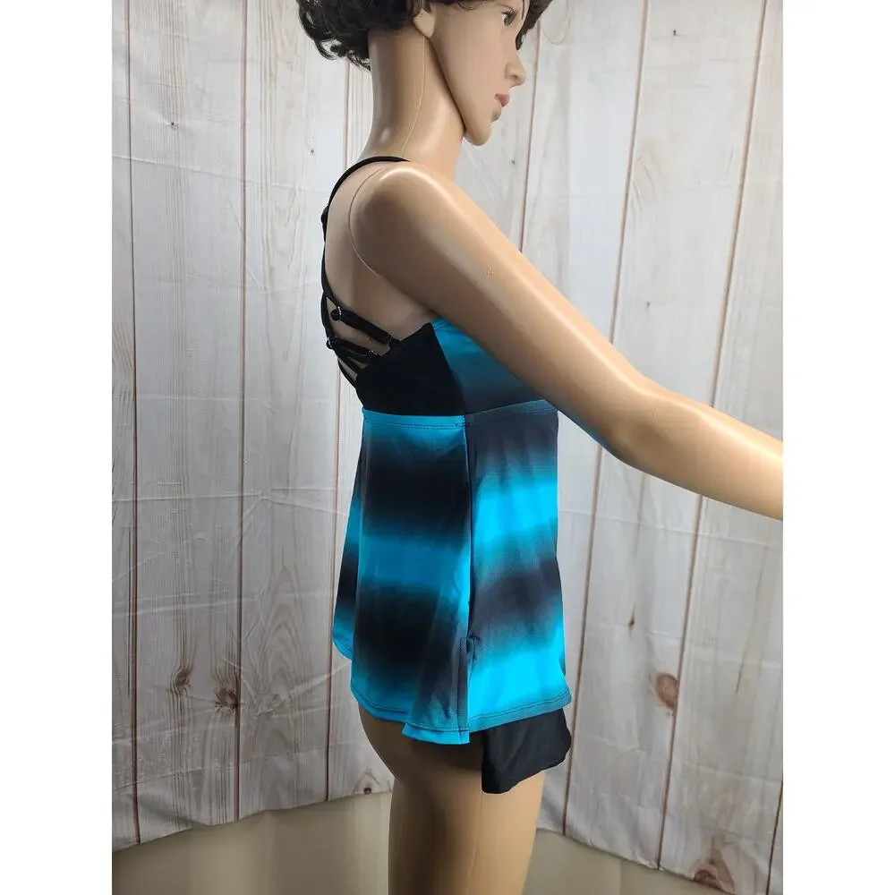 Women M Blue & Black Ombre Tankini Set Swimsuit Racerback Straps